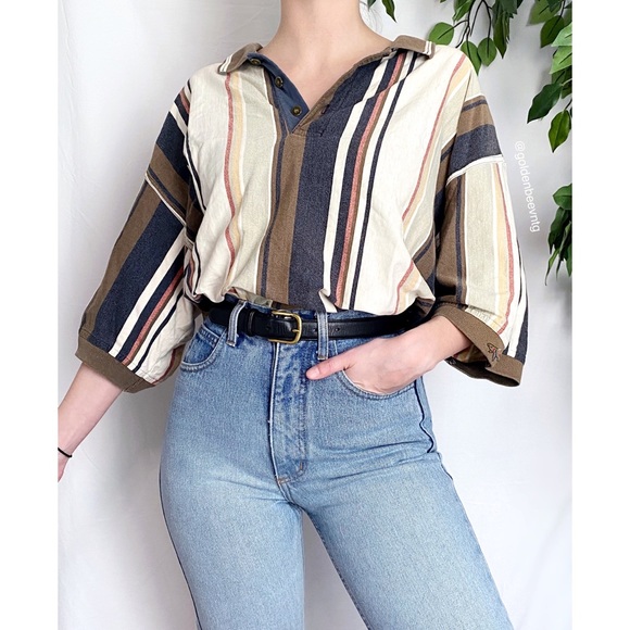 SOLD • Vintage Oversized Retro Striped Color Block Neutral Cotton Henley Top - Picture 3 of 8